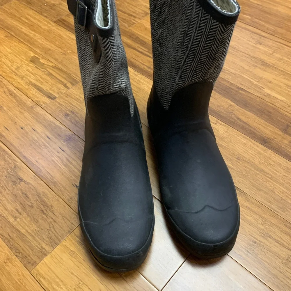 Chooka Classic Mid Cafe‎ Racer Herringbone Black Rain Boots Womens 10 Waterproof